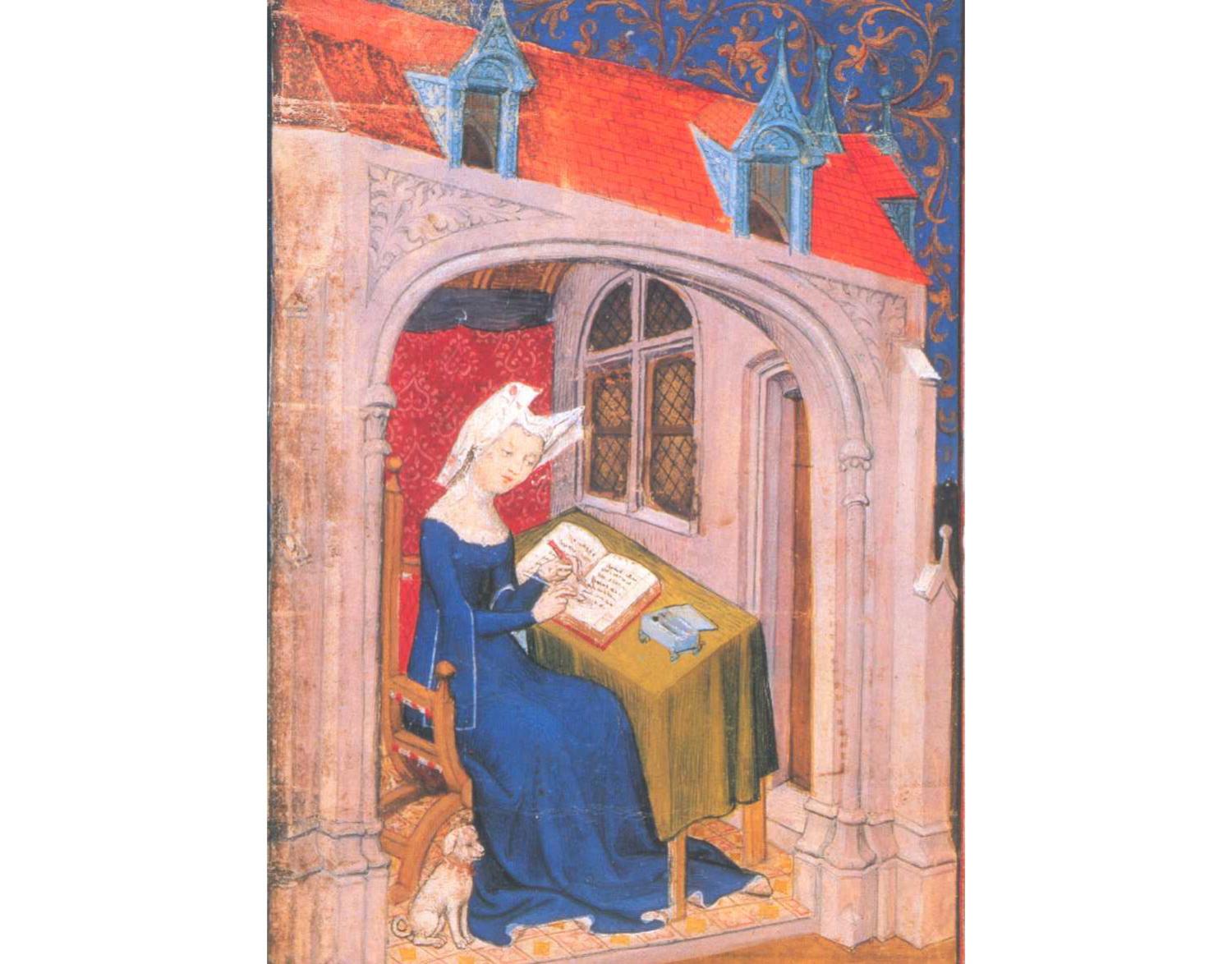 Christine de Pizan scrive nello studio, miniatura dalla sua opera Cent ballades. Londra, British Library.