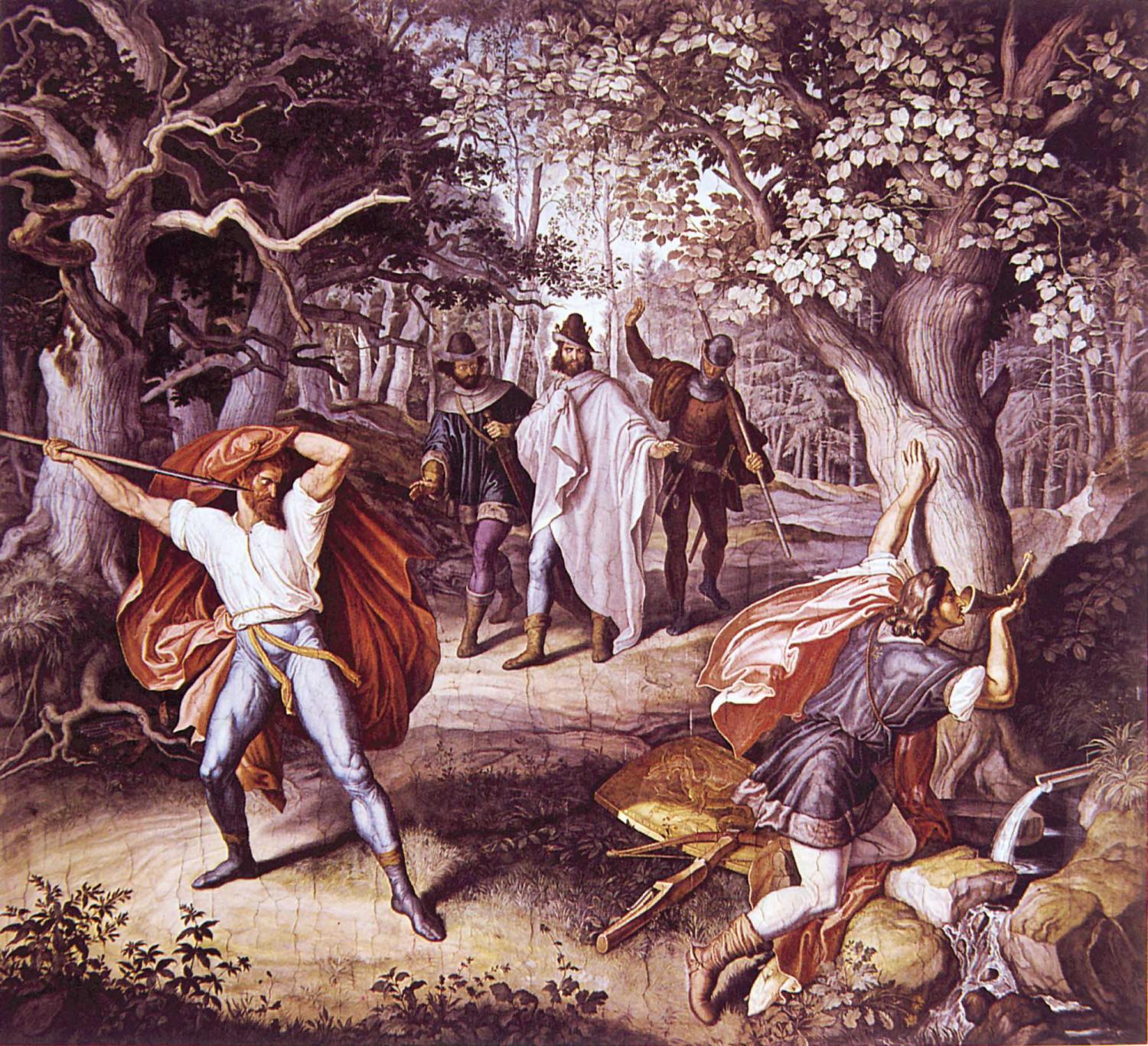 Julius Schnorr von Carolsfeld (1794-1872), Sigfrido ucciso da Hagen, 1831-67. Monaco, Residenz Museum.